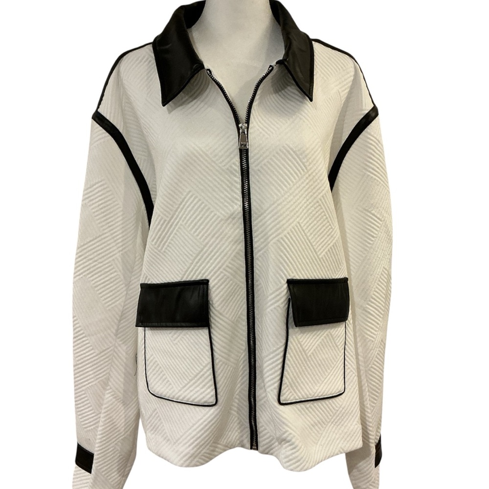 Kate & Mallory White Geometric Patterned Jacket with Blk Faux Leather Accents 1X
